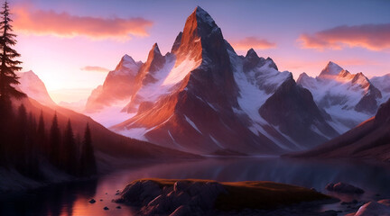 Obraz premium Fantastic mountain landscape with a lake in the foreground, 3d illustration.