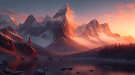 Mountains in the clouds at sunset 3d illustration