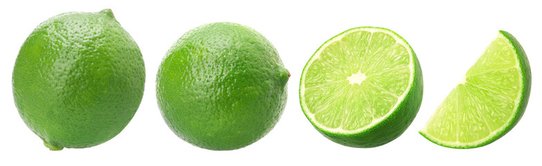 Natural fresh lime, half and slice isolated, transparent PNG, PNG format, cut out, collection.