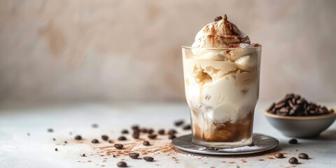 Decadent Affogato with Coffee beans in Glass on Pastel Table, copy space. Exquisite affogato coffee with creamy vanilla ice cream, espresso, and chocolate shavings, dusted with cocoa. - obrazy, fototapety, plakaty