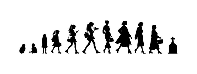 Vector illustration. Silhouette of growing up man from baby to old age. Many people of different ages in a row.	