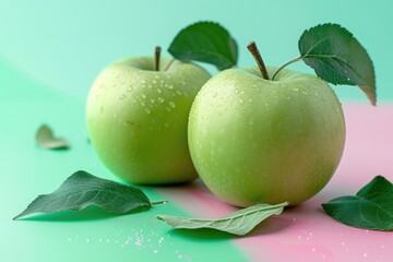 Two green apples positioned side by side. Generative Ai.