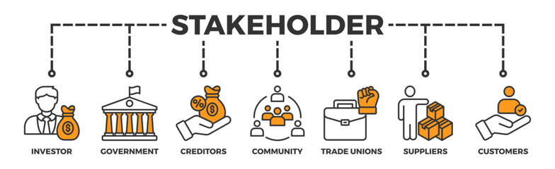 Stakeholder relationship banner web icon vector illustration concept for stakeholder, investor, government, and creditors with icon of community, trade unions, suppliers, and customers