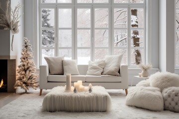 Modern living room interior with fireplace, sofa and christmas tree. 3d render, Stylish Christmas scandinavian minimalistic interior with white decor, AI Generated