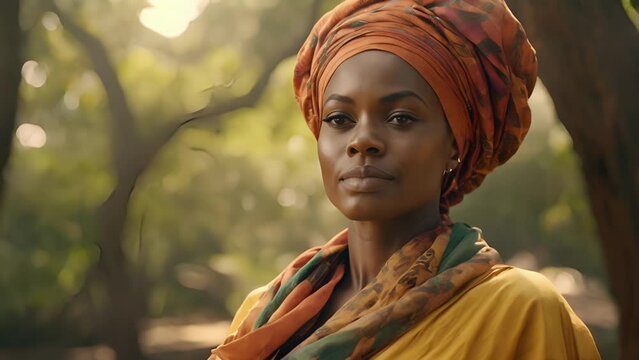 A determined West African woman wearing a vibrant headwrap signifies her roots. A social worker at heart, she advocates for the fair treatment of undocumented immigrants, providing them