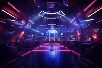 Futuristic neon interior. Night club with neon lights. 3D rendering, Stylish nightclub with neon spotlights, AI Generated