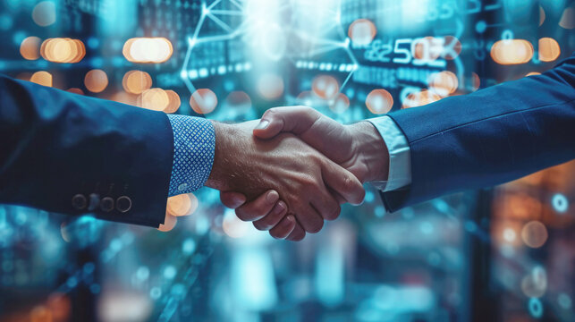 Two professionals shaking hands, transaction related to computers, cybersecurity, cryptocurrencies. Close-up, handshake.