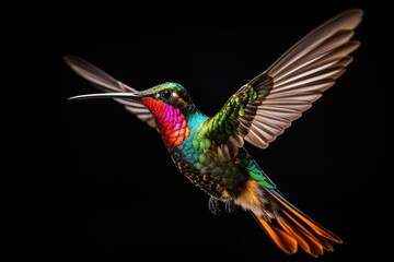 Obraz premium A vibrant hummingbird flies gracefully through the air, displaying its stunning colors, The shiny colored, fiery throated hummingbird Panterpe insignis is in flight, AI Generated
