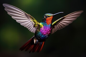 Colorful Hummingbird Flying Through the Air, The shiny colored, fiery throated hummingbird Panterpe insignis is in flight, AI Generated - obrazy, fototapety, plakaty