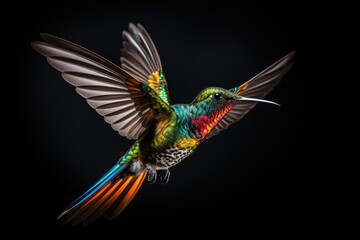 Obraz premium A vibrant hummingbird in flight, The shiny colored, fiery throated hummingbird Panterpe insignis is in flight, AI Generated