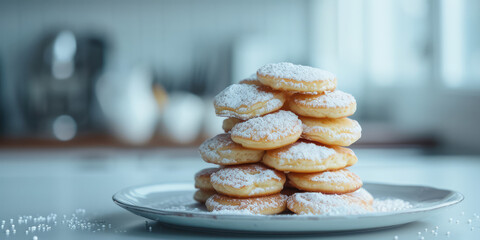 Dusted Sugar Poffertjes on light Background. Close-up of poffertjes dusted with sugar powder. 