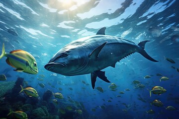 Fototapeta premium A large fish and a smaller fish swimming side by side in the water, The underwater wild world with tuna fishes, AI Generated