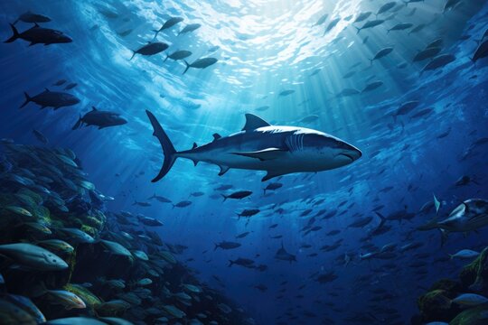 An impressive painting capturing the beauty of a shark swimming gracefully in the vast ocean, The underwater wild world with tuna fishes, AI Generated