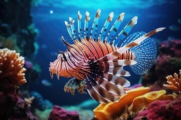 Naklejka na ściany i meble An image capturing a fish gracefully swimming in its natural habitat of water, Tropical lionfish swimming near coral reefs, Underwater life, AI Generated
