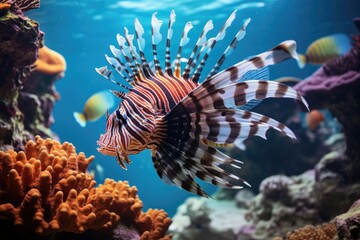 Naklejka na ściany i meble A fish gracefully swims in its natural habitat, surrounded by clear water, Tropical lionfish swimming near coral reefs, Underwater life, AI Generated