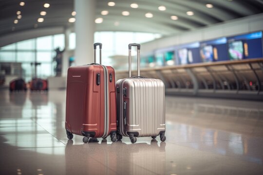 A pair of suitcases placed on the floor inside an airport, awaiting their owners, Two suitcases in an empty airport hall, traveler cases in the departure airport, AI Generated