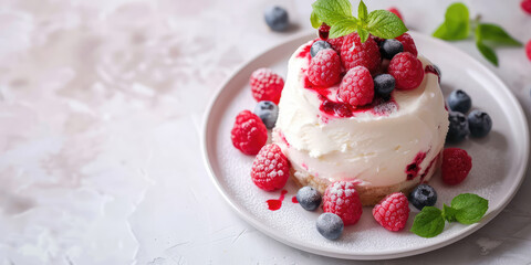 Raspberry Semifreddo on Pastel Background. Chilled semifreddo dessert, dusted with icing sugar, ice cream dessert.