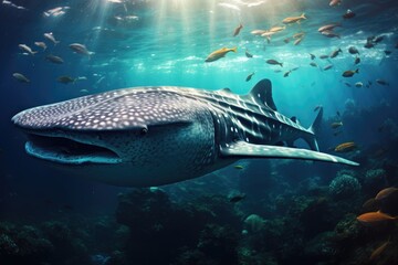A majestic whale gracefully glides through the ocean waters amidst a bustling school of fish, Whale shark swimming in the ocean, AI Generated