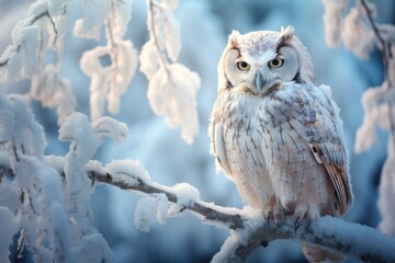 A beautiful white owl perched on a branch covered in glistening white snow against a winter forest backdrop, White winter owl perched on a tree branch in a winter snow landscape, AI Generated