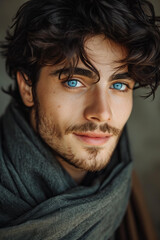 
male romantic fantasy character. Photo of beautiful hot young medieval prince man with dark hair, charming lips, piercing blue eyes. Selective focus, smooth background - obrazy, fototapety, plakaty