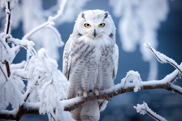 A majestic owl is calmly sitting on a snowy branch against a clear, winter backdrop, White winter owl perched on a tree branch in a winter snow landscape, AI Generated