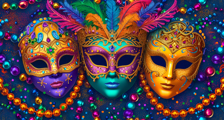  Mardi Gras Mask festival banner background,  elegant Mardi grass mask on violet background,  Venetian carnival mask, Mardi Gras background. Holiday of Mardi Gras masquerade, generative Ai