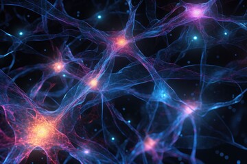 A mesmerizing computer generated image featuring a beautiful cluster of bright blue and pink lights., Microscope view of neural network with active neurons, AI Generated