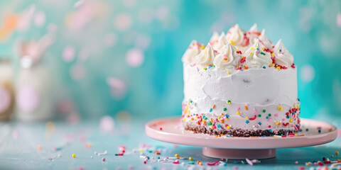 Sprinkle Funfetti Cake Slice on Pastel blue background, copy space. Slice of funfetti cake with colorful sprinkles and icing. 