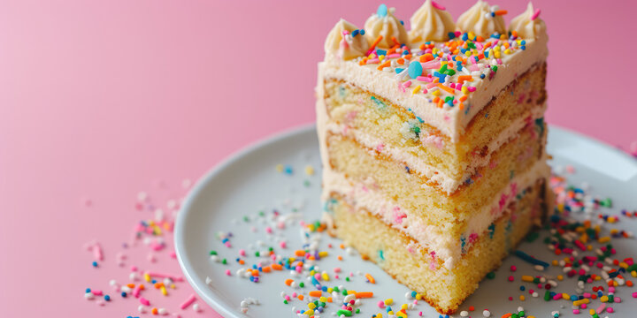 Sprinkle Funfetti Cake Slice on Pastel Pink background, copy space. Slice of funfetti cake with colorful sprinkles and icing. 