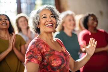 Obraz premium A woman confidently stands before a diverse group of individuals during a meeting or presentation., Middle-aged women enjoying a joyful dance class, AI Generated