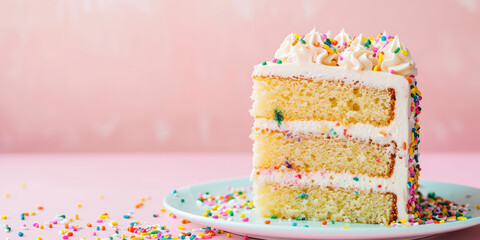 Sprinkle Funfetti Cake piece on Pastel Pink background, copy space. Slice of funfetti cake with colorful sprinkles and icing. 