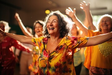 Several elderly women joyfully dance together at a lively party., Middle-aged women enjoying a...