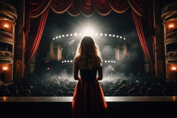 A young woman standing in front of a stage in a theater, Back view of a girl in a red dress on the background of the concert hall, Ai generated - obrazy, fototapety, plakaty