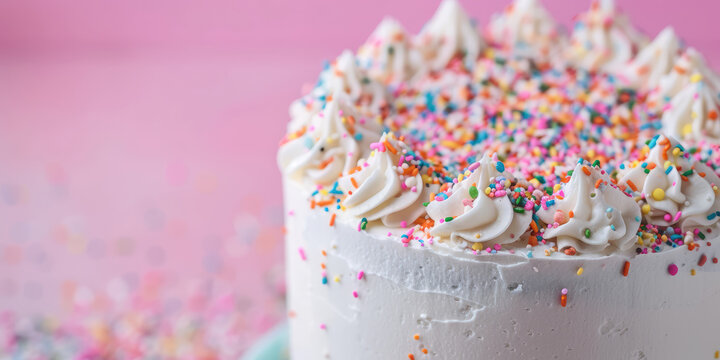 Sprinkle Funfetti Cake Slice on Pastel Pink background, copy space. Slice of funfetti cake with colorful sprinkles, cream and icing. 