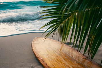 Fototapeta na wymiar surf board on the beach . Ocean shore, tropical setting, palm leaves . Selective focus.