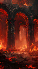 arches in a burning ruin with red flames
