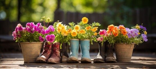 Sunny spring or summer garden with flowerpots and red boots   gardening background