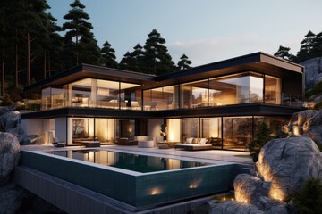 Spacious House With Front Pool and Ample Room for Recreation, Modern exterior of a luxury villa in a minimal style, Glass house in the mountains, AI Generated