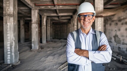 Confident builder worker in uniform and helmet smiling, copy space for text, labor day concept