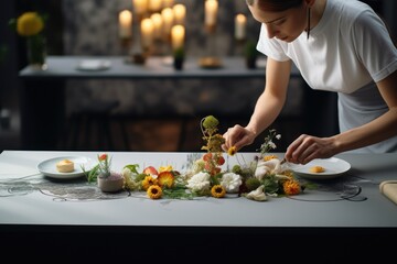 A man wearing a white t-shirt is busy preparing food on a table., Modern food stylist decorating meal for presentation in restaurant, AI Generated