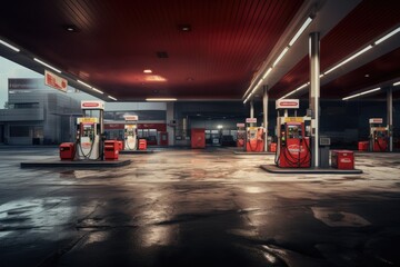 A bustling gas station brimming with a multitude of gas pumps ready to cater to fuel needs., Modern gas station, AI Generated - obrazy, fototapety, plakaty