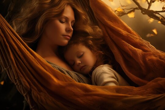 A Peaceful Image Of A Woman And Child Quietly Sleeping In A Comfortable Hammock., Mother And Child Enjoying A Quiet Moment In A Hammock, AI Generated