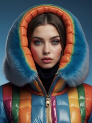 Model dressing Zipper Up Stand Collar Down Jacket Casual Cropped Long Sleeve Winter Warm Outerwear Rainbow Color