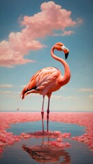 Digital art/illustration of pink flamingo on Rose River