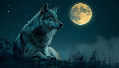 Wolf howling to the moon, illustrative colorfully poster, aurora on the sky, pack of wolves running in the woods,  wolf howling in front of full moon background, close up. Generative AI 