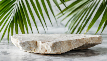 Cosmetics product advertising podium stand with tropical palm leaves background. Empty natural stone pedestal platform to display beauty product. Mockup