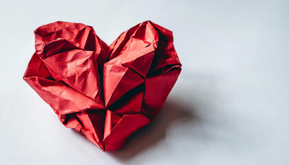 Crumpled up red paper that resembles heart shape on white background. Health and medicine, heart attack, cardiovascular disease, world heart day concept