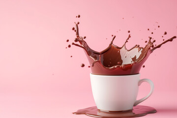 hot chocolate or cocoa in cup. Dark hot chocolate drink on a pink isolated background. Cup of splashing hot chocolate. Chocolate cubes falling into a white cup with liquid chocolate and splash.