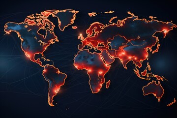 A map of the world with illuminated lights, highlighting the significant cities across continents, World communications network map, AI Generated