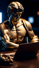 statue of a person with laptop
